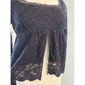 La Peche Navy Lace Babydoll Top Long Sleeve Square Neck Slit Front M